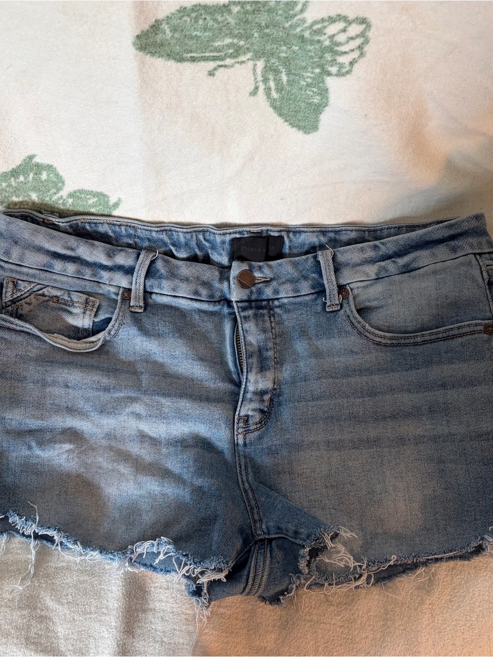 Buckle Light Blue Denim Shorts with Copper-Tone Button